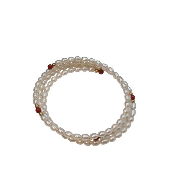 14K Gold Accent Carnelian Bead Cultured Freshwater Pearl Coiled Wire Bracelet - Picture 4 of 6